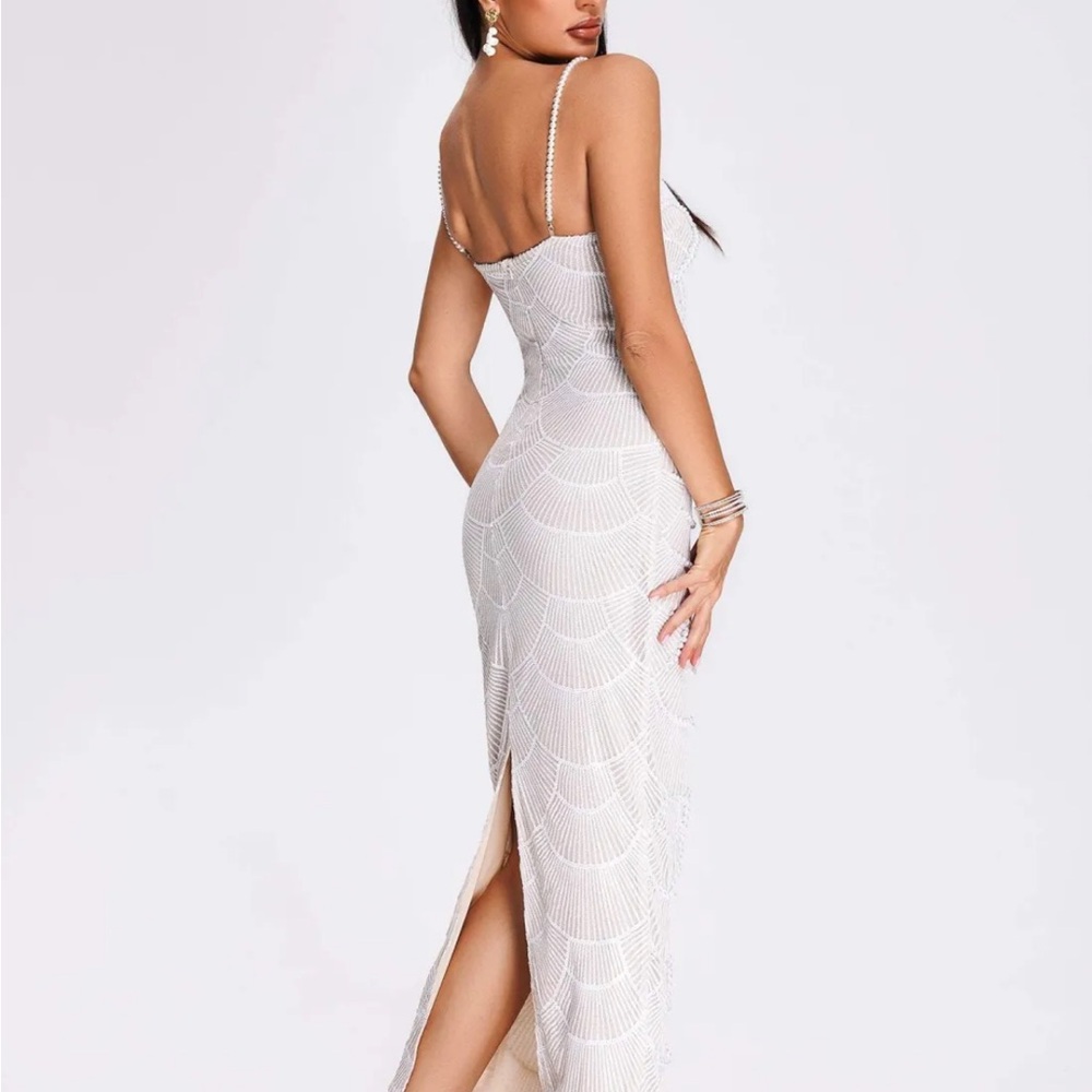 White Beaded Scallop Maxi Dress - Picture 4 of 8